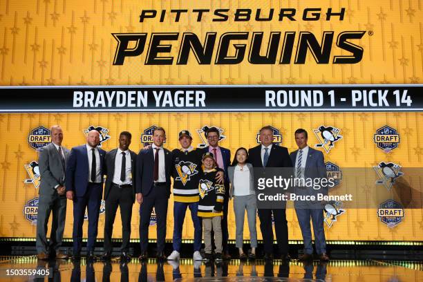 Brayden Yager is selected by the Pittsburgh Penguins with the 14th overall pick during round one of the 2023 Upper Deck NHL Draft at Bridgestone...