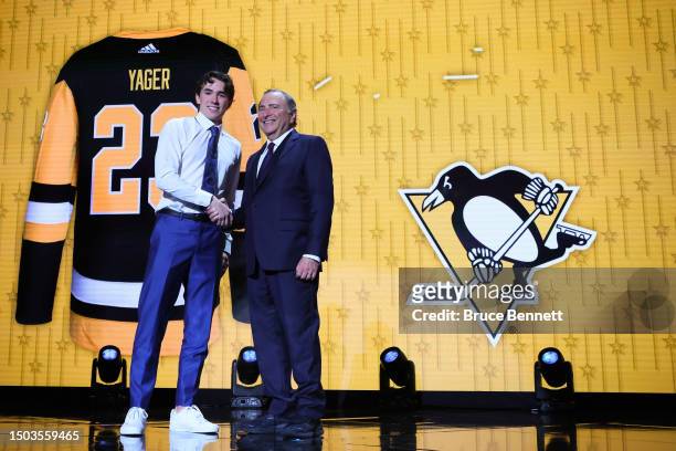 Brayden Yager is selected by the Pittsburgh Penguins with the 14th overall pick during round one of the 2023 Upper Deck NHL Draft at Bridgestone...