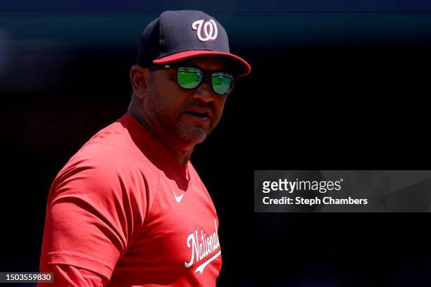 Manager Dave Martinez of the Washington Nationals looks on against the Seattle Mariners during the sixth inning at T-Mobile Park on June 28, 2023 in...