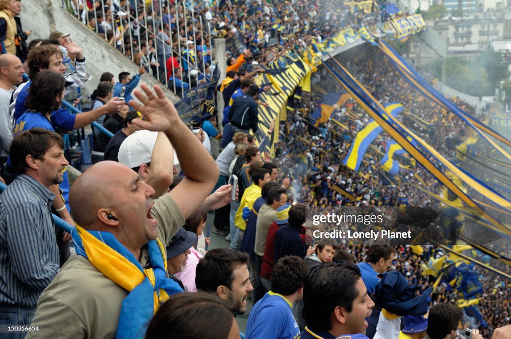 Crowd at the match between Boca and River Plate at La Bombonera Club Atletico Boca Juniors.