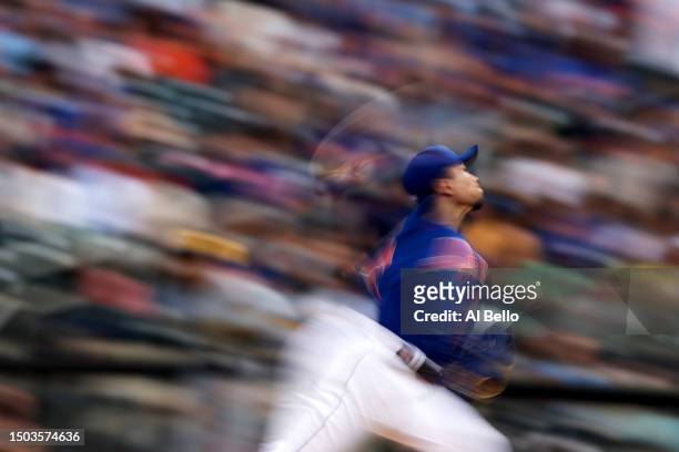 Kodai Senga of the New York Mets pitches against the Milwaukee Brewers during their game at Citi Field on June 28, 2023 in the Queens borough of New...