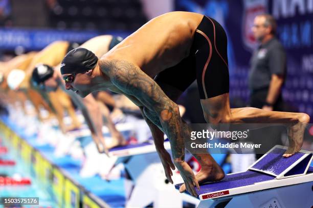 Caeleb Dressel on the starting block before competing in the Men's 50m Butterfly final on day two of the Phillips 66 National Championships at...