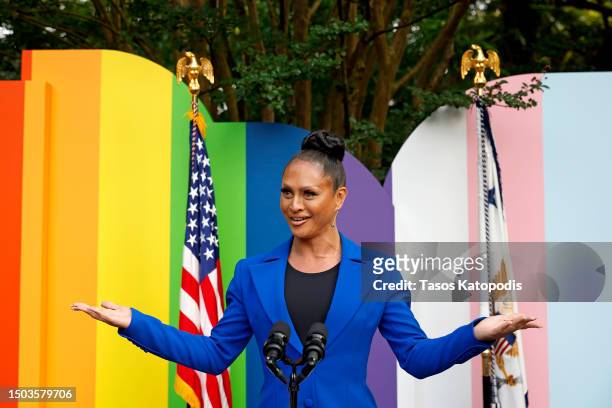 Sasha Colby speaks onstage during a Pride Celebration hosted by the Vice President Of The United States and Mr. Emhoff in collaboration with GLAAD on...