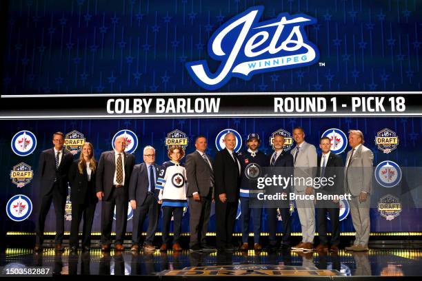 Colby Barlow is selected by the Winnipeg Jets with the 18th overall pick during round one of the 2023 Upper Deck NHL Draft at Bridgestone Arena on...