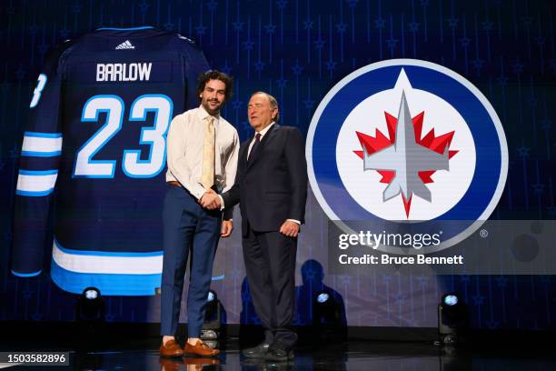 Colby Barlow is selected by the Winnipeg Jets with the 18th overall pick during round one of the 2023 Upper Deck NHL Draft at Bridgestone Arena on...