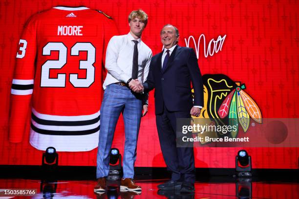 Oliver Moore is selected by the Chicago Blackhawks with the 19th overall pick during round one of the 2023 Upper Deck NHL Draft at Bridgestone Arena...