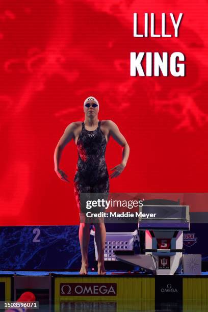 Lilly King is announced before competing in the Women's 200m Breaststroke final on day two of the Phillips 66 National Championships at Indiana...