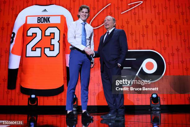 Oliver Bonk is selected by the Philadelphia Flyers with the 22nd overall pick during round one of the 2023 Upper Deck NHL Draft at Bridgestone Arena...