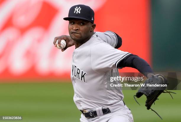 Domingo German of the New York Yankees pitches against the Oakland Athletics in the bottom of the first inning at RingCentral Coliseum on June 28,...