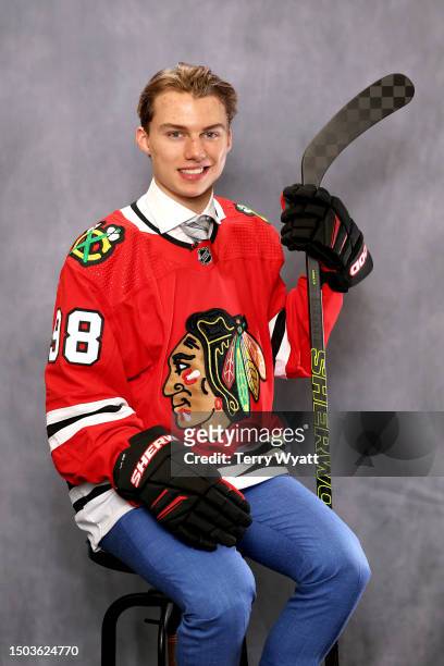 Connor Bedard seen at the portrait studio after being selected as the first pick overall by the Chicago Blackhawks during round one of the 2023 Upper...