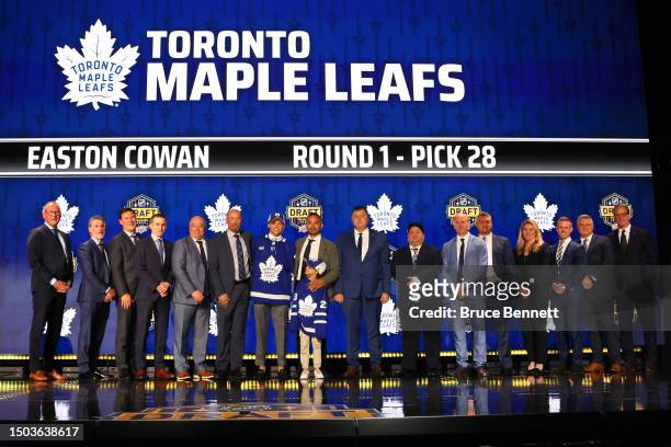 Easton Cowan is selected by the Toronto Maple Leafs with the 28th overall pick during round one of the 2023 Upper Deck NHL Draft at Bridgestone Arena...