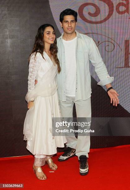 Kiara Advani and Sidharth Malhotra attend the screening of the film "Satyaprem KI Katha" on June 28, 2023 in Mumbai, India.