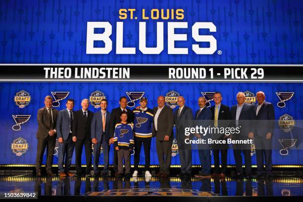 Theo Lindstein is selected by the St. Louis Blues with the 29th overall pick during round one of the 2023 Upper Deck NHL Draft at Bridgestone Arena...