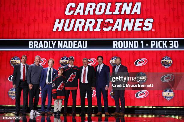 Bradly Nadeau is selected by the Carolina Hurricanes with the 30th overall pick during round one of the 2023 Upper Deck NHL Draft at Bridgestone...