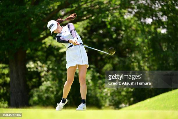 Shina Kanazawa of Japan hits her tee shot on the 2nd hole during the first round of SHISEIDO Ladies Open at Totsuka Country Club on June 29, 2023 in...