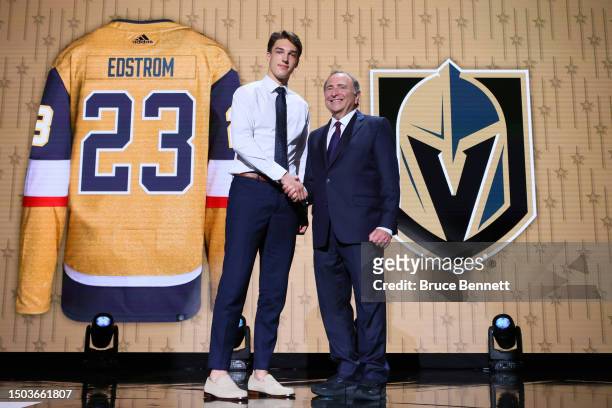 David Edstrom is selected by the Vegas Golden Knights with the 32nd overall pick during round one of the 2023 Upper Deck NHL Draft at Bridgestone...