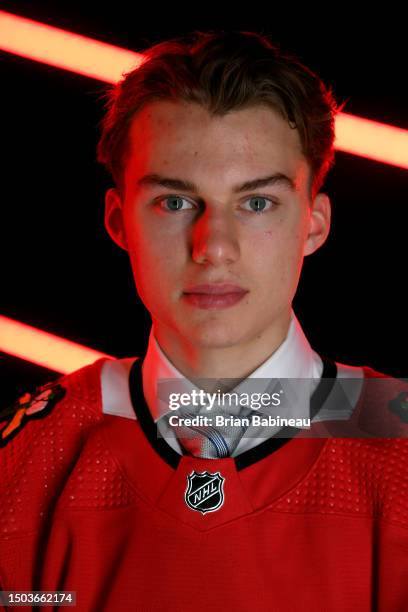 Connor Bedard, first overall pick of the Chicago Blackhawks, poses for a portrait after being drafted in the 2023 Upper Deck NHL Draft at Bridgestone...