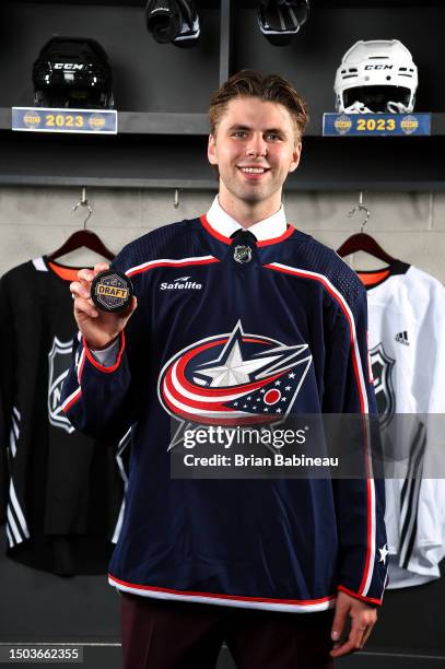 Adam Fantilli, third overall pick by the Columbus Blue Jackets, poses for a portrait after being drafted in the 2023 Upper Deck NHL Draft at...