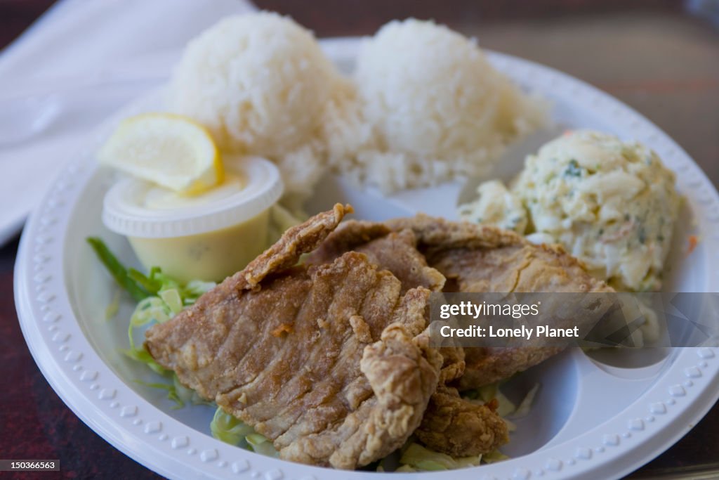 Grilled ahi (local fish) at The Isles Cafe, Hilo, East Coast.