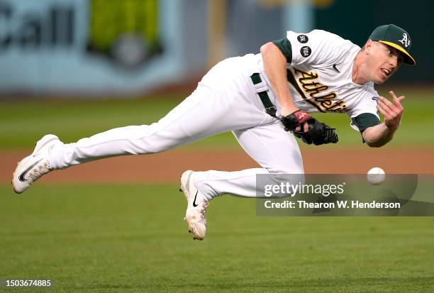 Sears of the Oakland Athletics makes an errant off-balance throw to first base committing an error against the New York Yankees in the top of the...