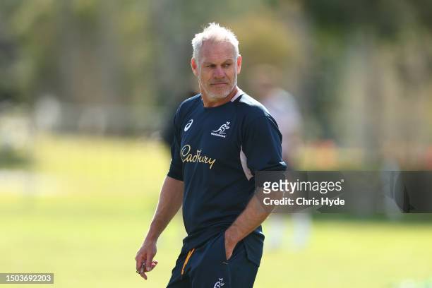 Attack Coach Brad Davis during the Australian Wallabies training session at Sanctuary Cove on June 29, 2023 in Gold Coast, Australia.