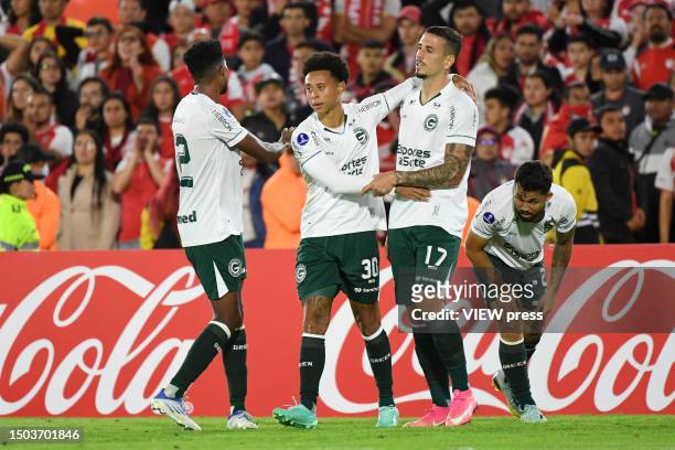 Matheus Santos of Goias celebrate with teammates after scoring the team's second goal during the Copa CONMEBOL Sudamericana 2023 group G match...