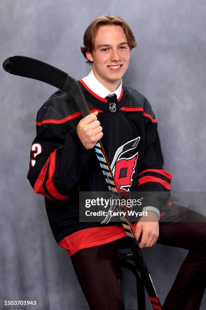 Bradley Nadeau seen at the portrait studio after being selected by the Carolina Hurricanes as the 30th overall during round one of the 2023 Upper...