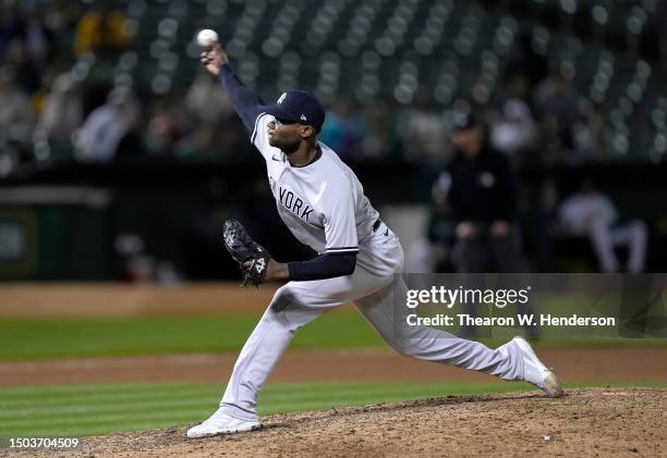 Domingo German of the New York Yankees pitches against the Oakland Athletics in the bottom of the ninth inning enroute to a no-hit perfect game at...