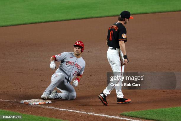 Luke Maile of the Cincinnati Reds slides safely into third base in front of Jordan Westburg of the Baltimore Orioles at Oriole Park at Camden Yards...