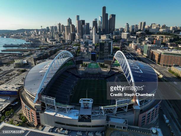 In an aerial general view, Lumen Field, a host of 2026 FIFA World Cup, is seen on June 28, 2023 in Seattle, Washington.