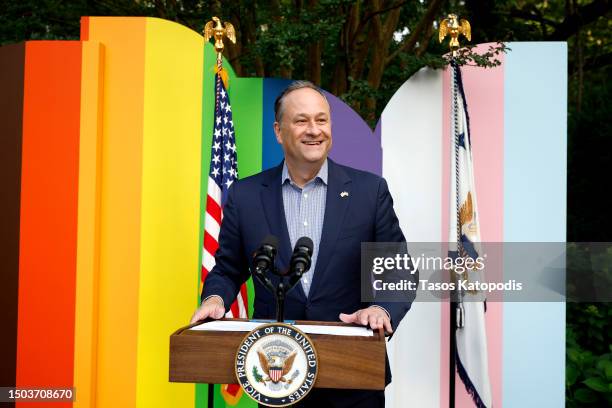 Second Gentleman Douglas Emhoff speaks onstage during a Pride Celebration hosted by the Vice President Of The United States and Mr. Emhoff in...