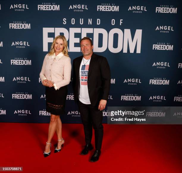 Mira Sorvino and Tim Ballard attend the premiere of "Sound of Freedom" on June 28, 2023 in Vineyard, Utah.