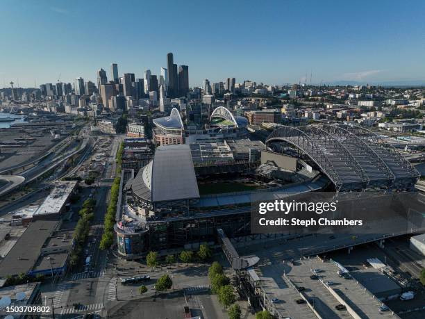 In an aerial, general view from a drone, T-Mobile Park is seen ahead of MLB All-Star Week on June 28, 2023 in Seattle, Washington.