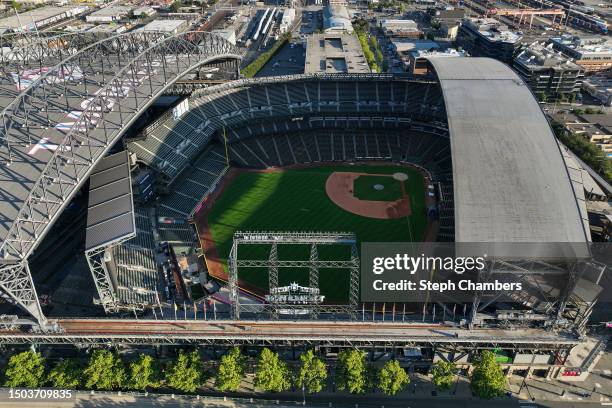In an aerial, general view from a drone, T-Mobile Park is seen ahead of MLB All-Star Week on June 28, 2023 in Seattle, Washington.