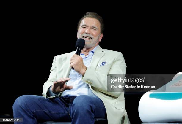 Arnold Schwarzenegger speaks onstage during An Evening with Arnold Schwarzenegger at Academy Museum of Motion Pictures on June 28, 2023 in Los...