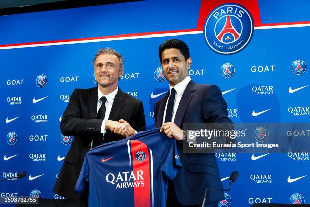 Head Coach Luis Enrique is presented as new head coach of Paris Saint-Germain by president Nasser Al-Khelaifi during Paris Saint-Germain Press...