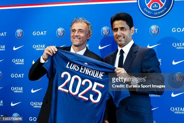 Head Coach Luis Enrique is presented as new head coach of Paris Saint-Germain by president Nasser Al-Khelaifi during Paris Saint-Germain Press...