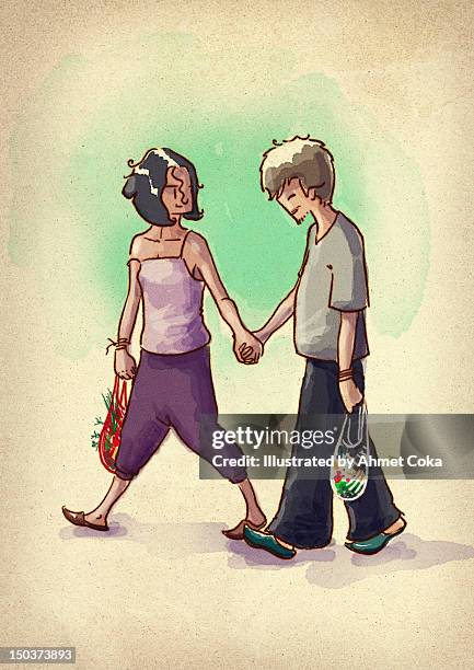 illustration of couple - woman in spaghetti straps stock illustrations