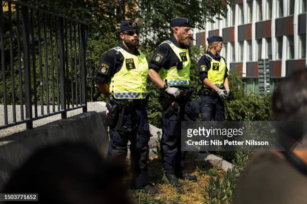 Police during a protest where a koran was burned at the Stockholm mosque on June 28, 2023 in Stockholm, Sweden. Whilst Muslims celebrate the most...