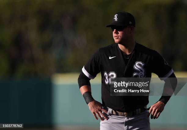 Gavin Sheets of the Chicago White Sox warms up before the game against the Los Angeles Angels at Angel Stadium of Anaheim on June 28, 2023 in...