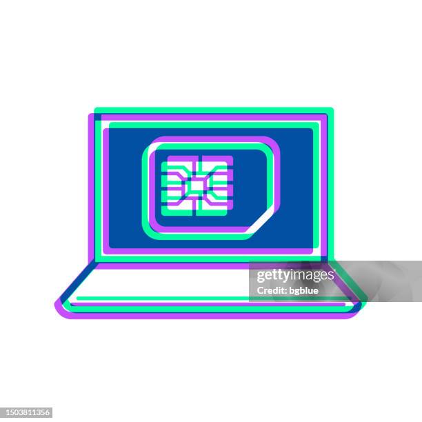 laptop with sim card. icon with two color overlay on white background - computer screen close up stock illustrations