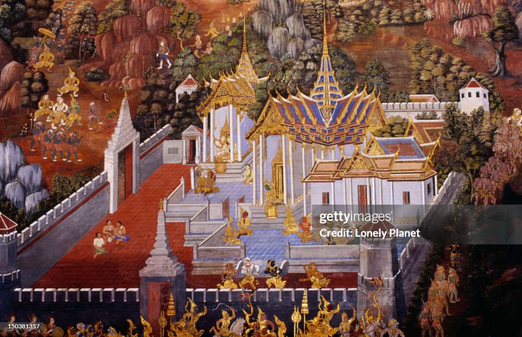 Murals depicting scenes from Ramakian line walls of galleries that enclose the Royal Monastery of Emerald Buddha at Wat Phra Kaew, Ratanakosin.