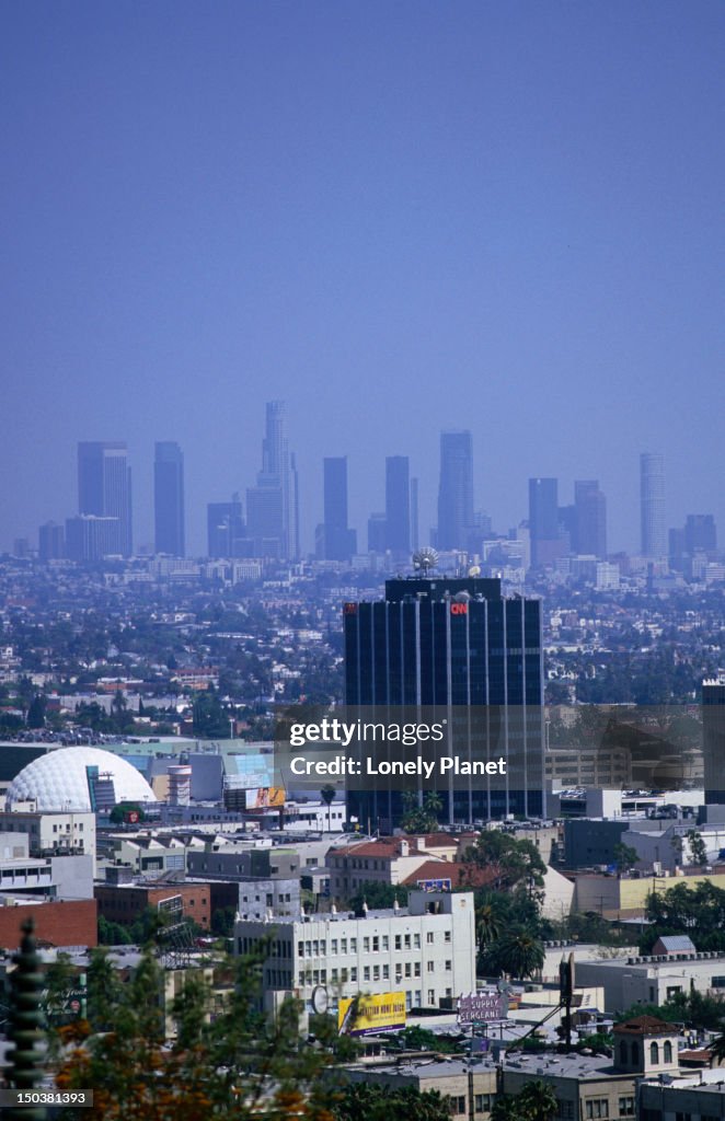 Smog over the Los Angeles city skyline.