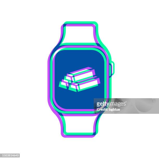 smartwatch mit goldbarren. symbol mit zweifarbiger überlagerung auf weißem hintergrund - 3d data bars stock-grafiken, -clipart, -cartoons und -symbole