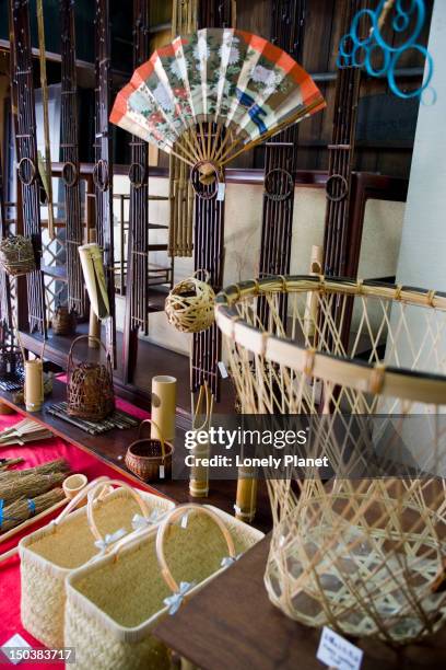 woven goods for sale, kagoshi bamboo, kagashiyama-sanjo. - kagashiyama sanjo stock pictures, royalty-free photos & images