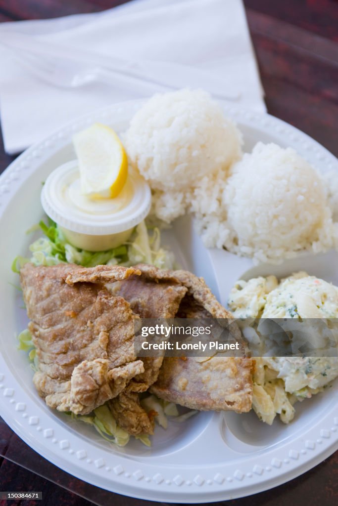 Grilled ahi (local fish) at The Isles Cafe, Hilo, East Coast.