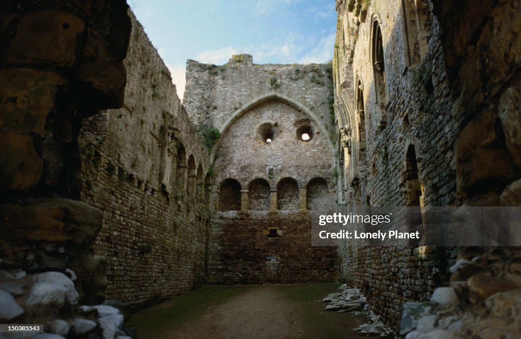 The ruins of Chepstow Castle, building began in 1037 making it the first stone castle in Wales - Chepstow, Monmouthshire, Wales