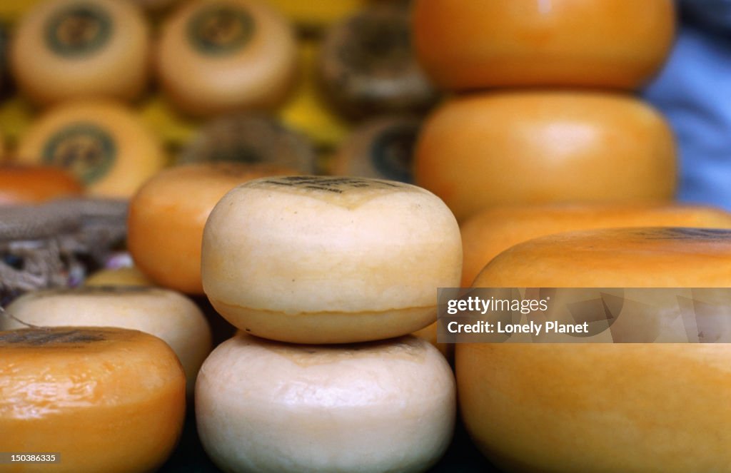 Dutch cheese on display.