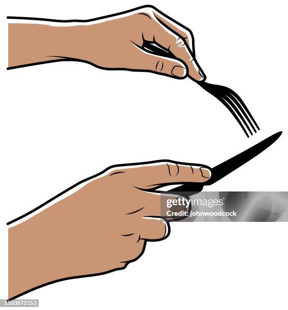 hands with knife and fork illustration - hand fork stock illustrations