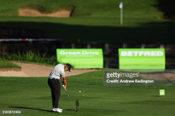 Sami Valimaki of Finland plays their second shot on the 10th hole during Day One of the Betfred British Masters hosted by Sir Nick Faldo 2023 at The...
